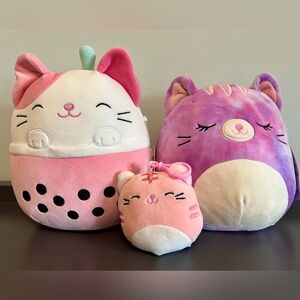 Squishmallows Cat Bundle: Roxy Boba 8”, Caeli Tie-Dye 7” & Paulita 3.5” clip